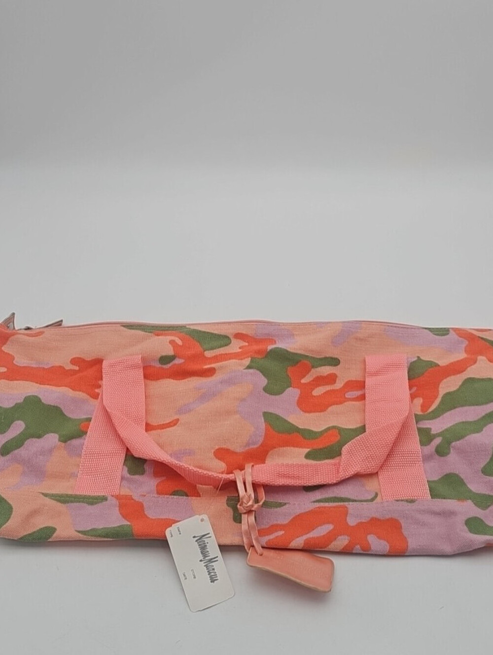 Neiman Marcus Camo Duffle Medium - Green Peach Pink Camouflage Canvas Zip Up-NWT